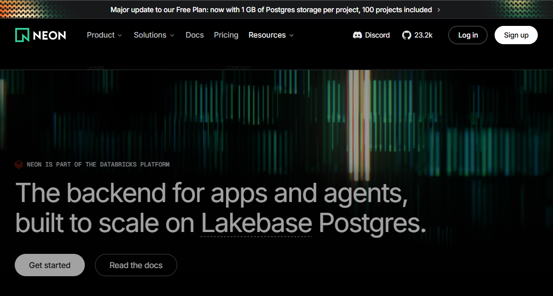 Neons forside med Log in og Sign up