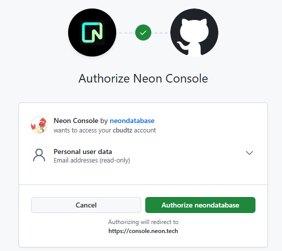 GitHub spørger om du vil godkende Neon Console