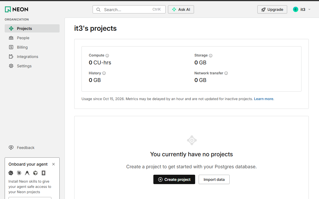 Projects-siden: You currently have no projects, med Create project