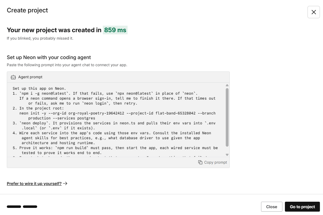 Your new project was created, med Agent prompt og Go to project