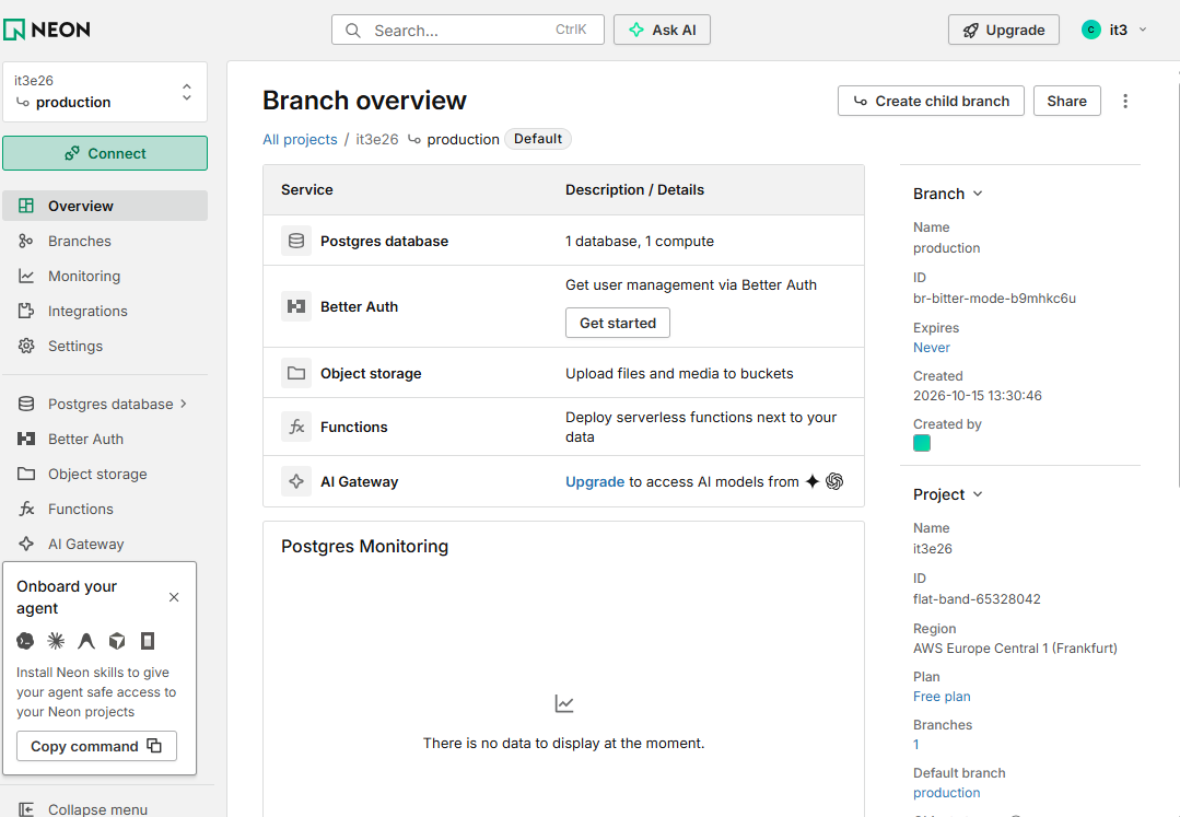 Branch overview for production, med Postgres database i menuen