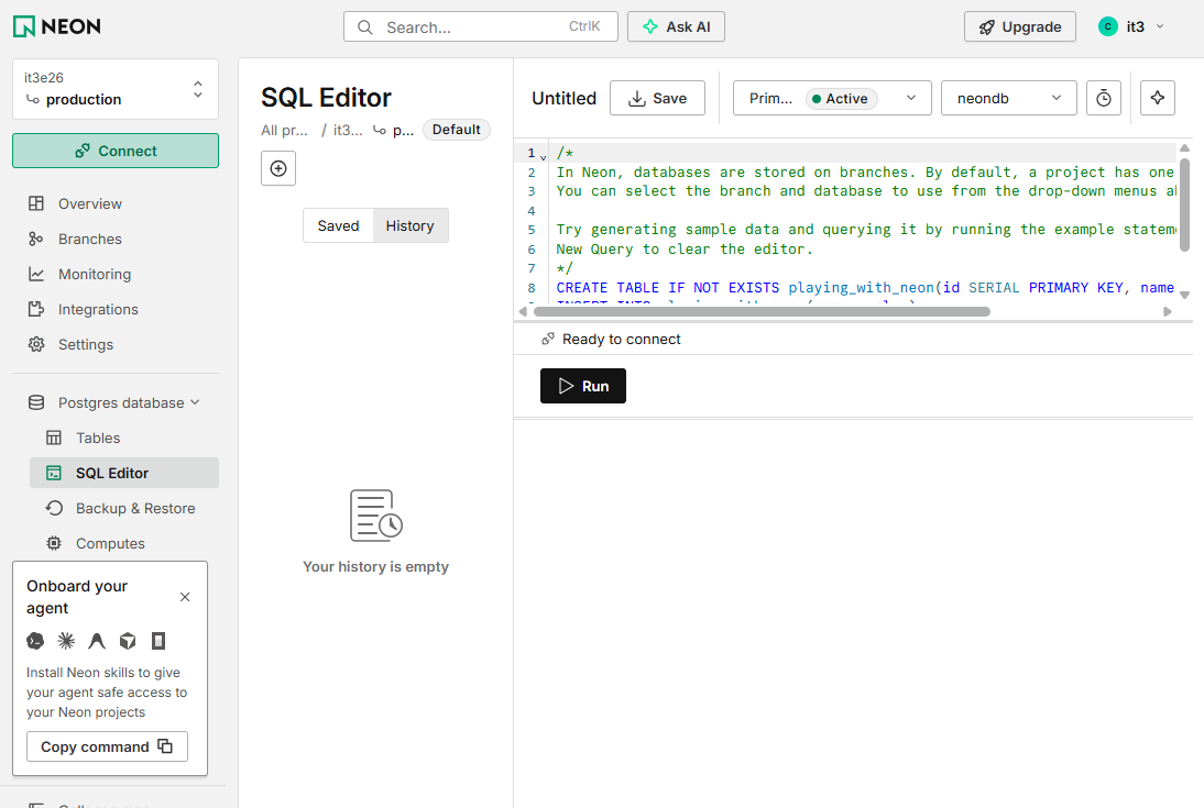 SQL Editor med eksempelkode, Run-knappen og neondb øverst til højre