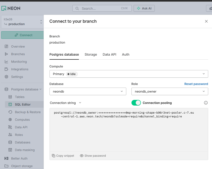 Connect to your branch: connection-stringen med skjult password, Copy snippet og Reset password