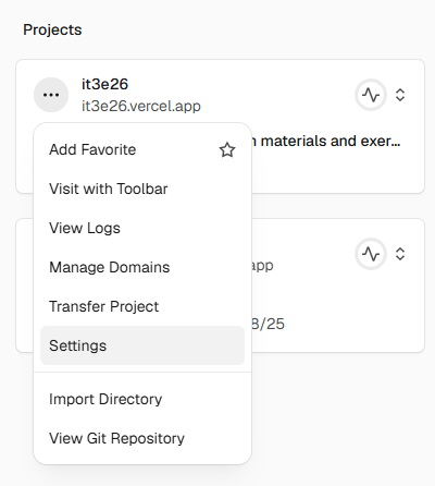 Projektets menu på oversigten med Settings