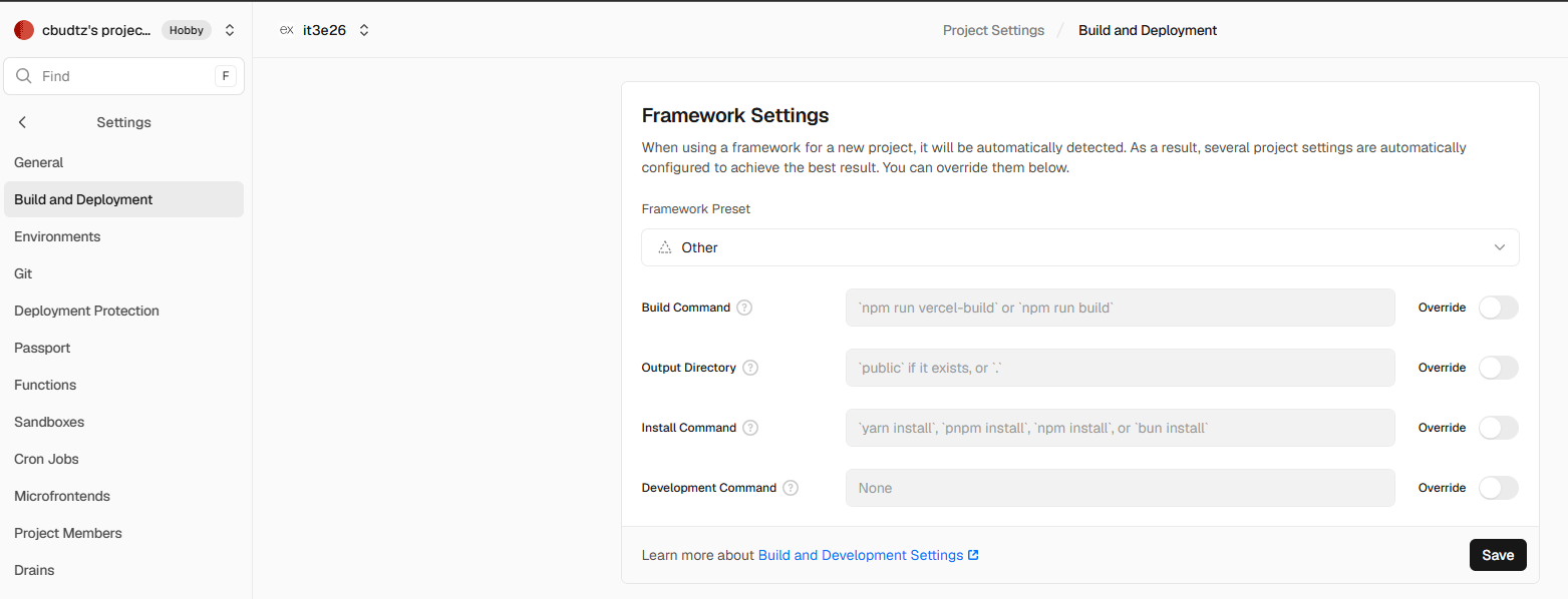 Framework Settings med Framework Preset, Override-knapperne og Save