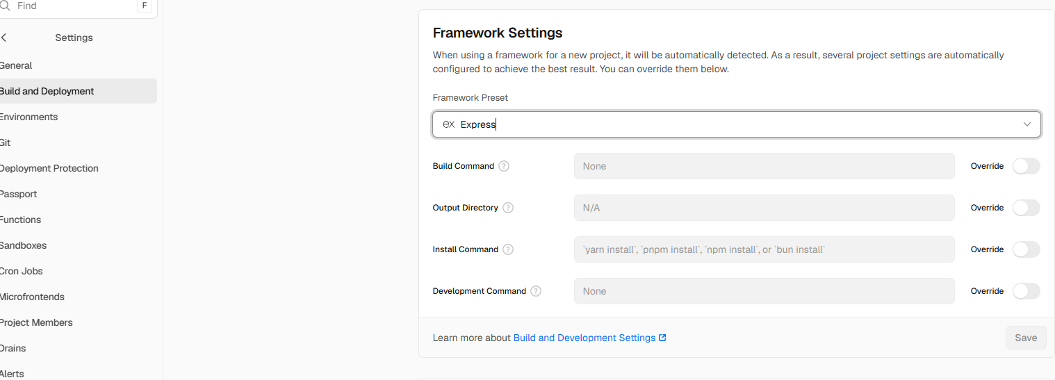 Framework Preset sat til Express