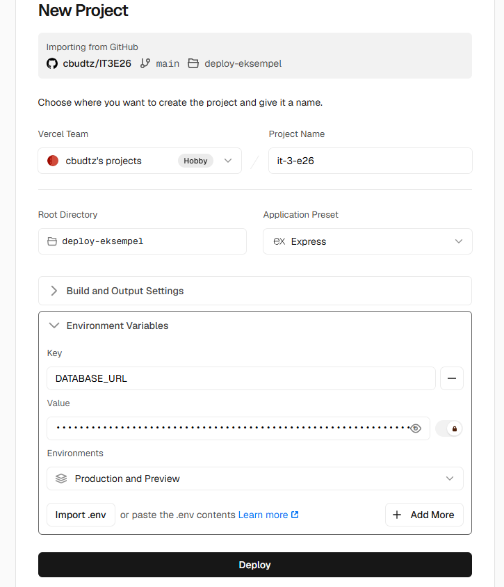 Environment Variables med DATABASE_URL og skjult værdi