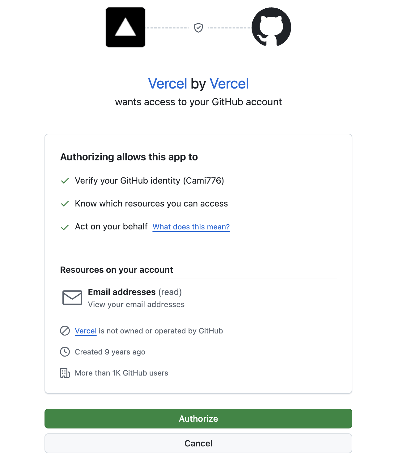 GitHub spørger om I vil godkende Vercel