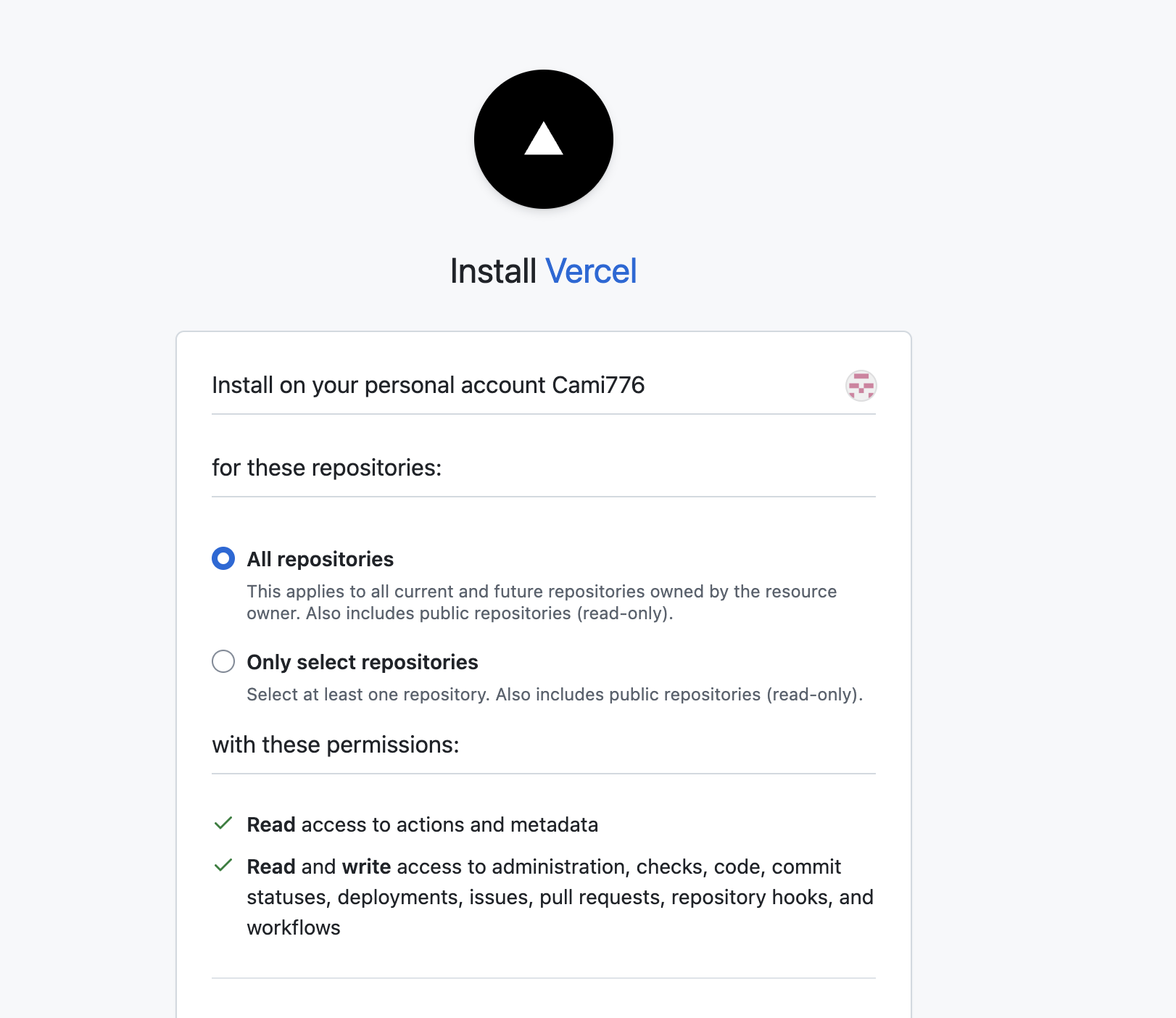 Install Vercel: vælg hvilke repositories den må se