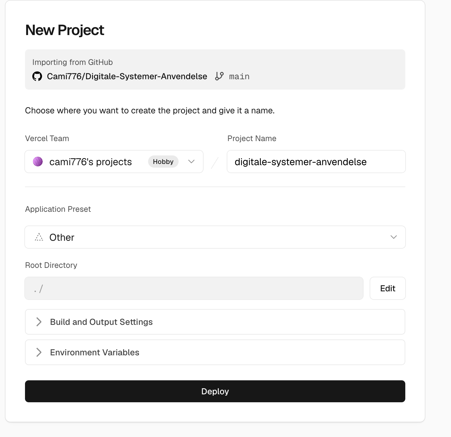 New Project med preset Other og Deploy